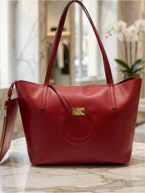 Salvatore Ferragamo Deeper Cherry Red Leather Tote Bag with Gold Accent